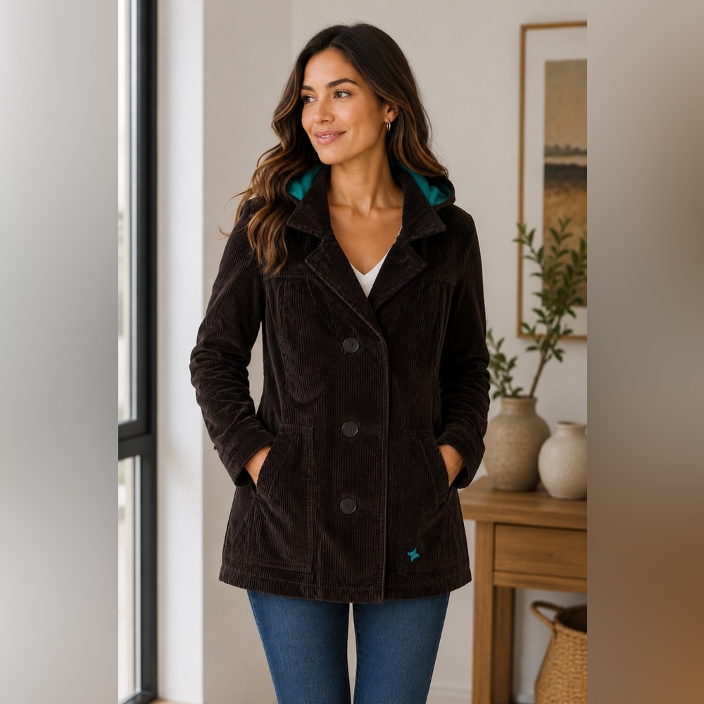Hurley Brown Corduroy Removable Hood Pea Coat with Teal Accent
